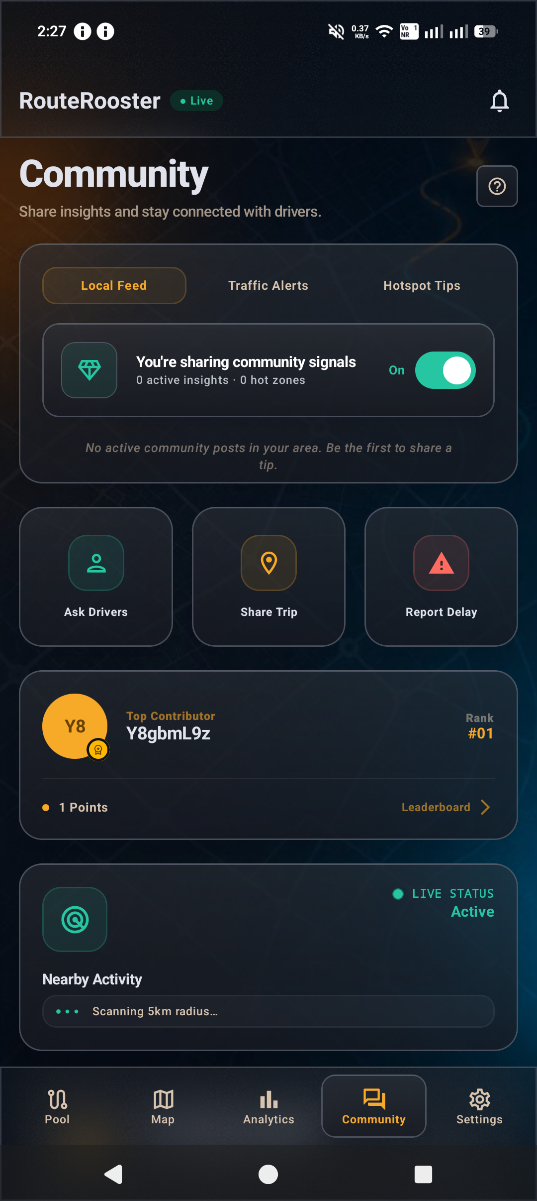 RouteRooster Community screen in dark theme