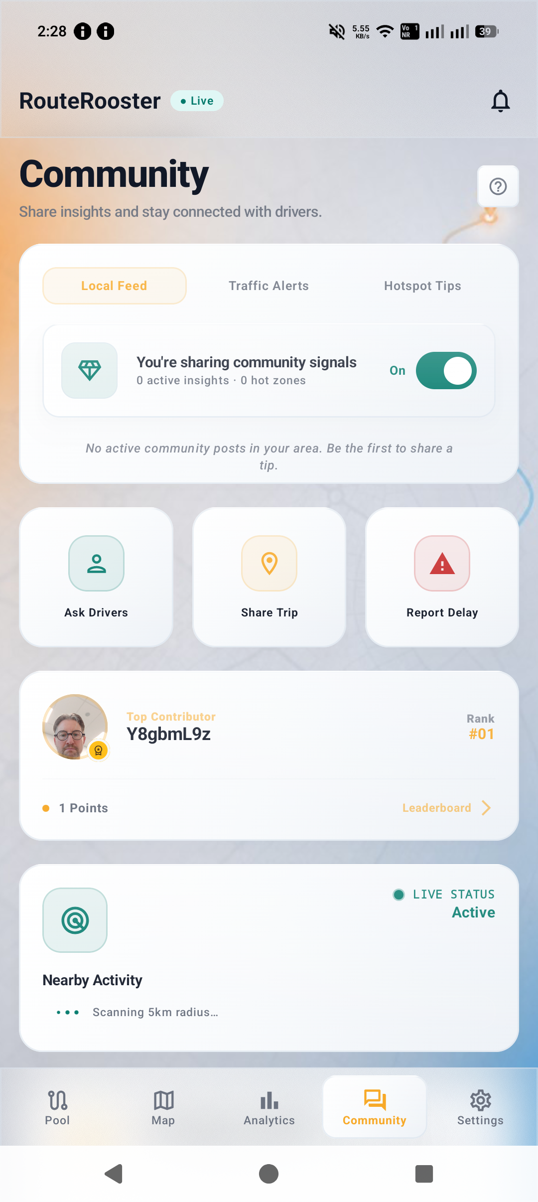 RouteRooster Community screen in light theme