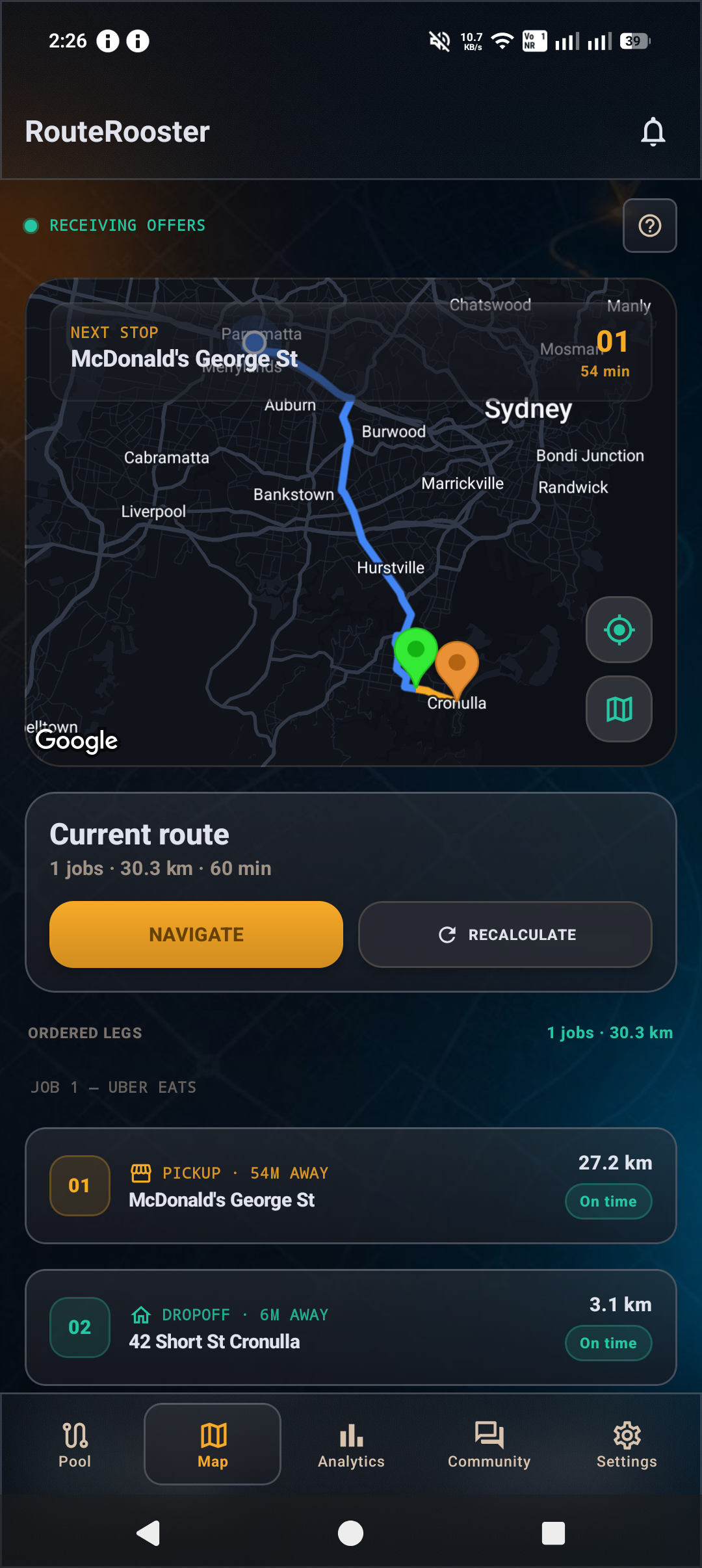 RouteRooster Map screen in dark theme