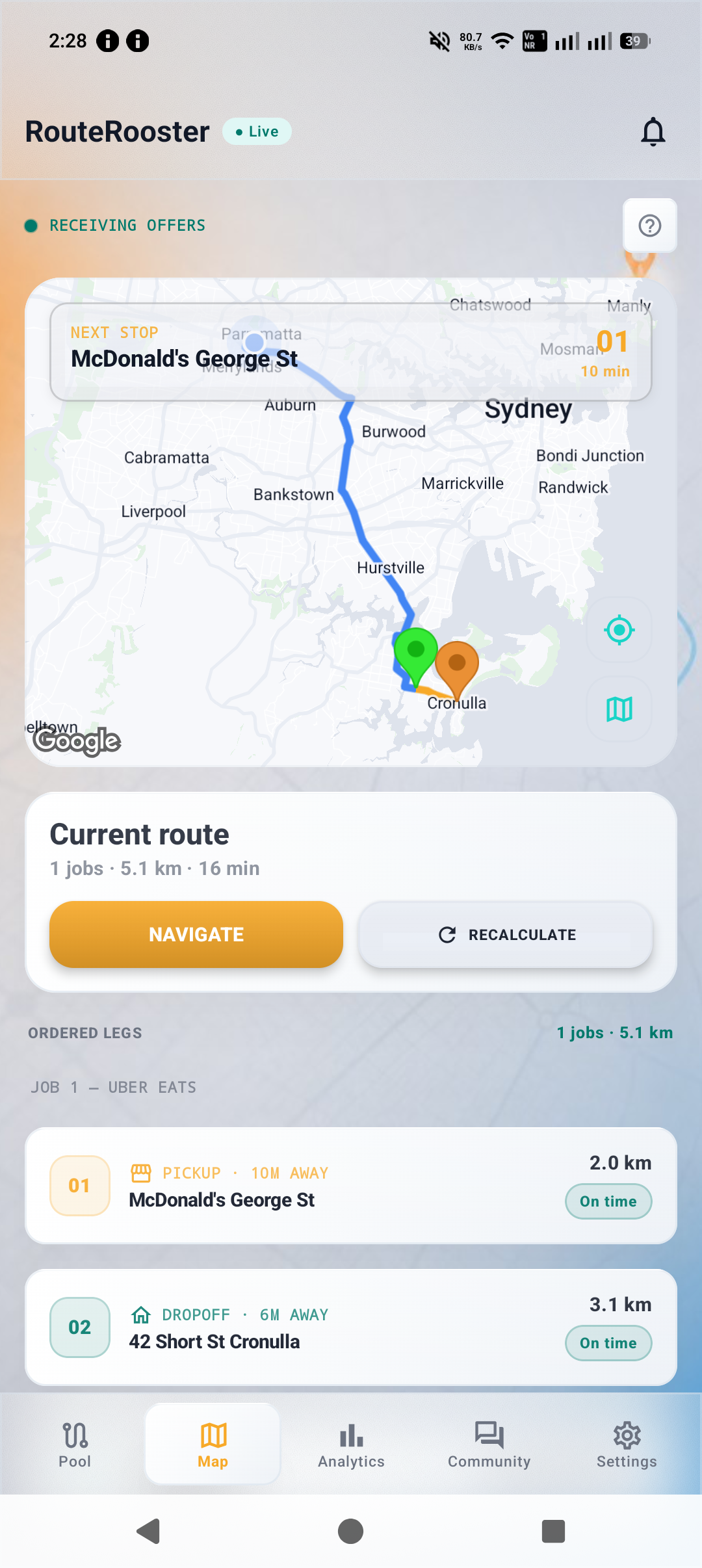 RouteRooster Map screen in light theme