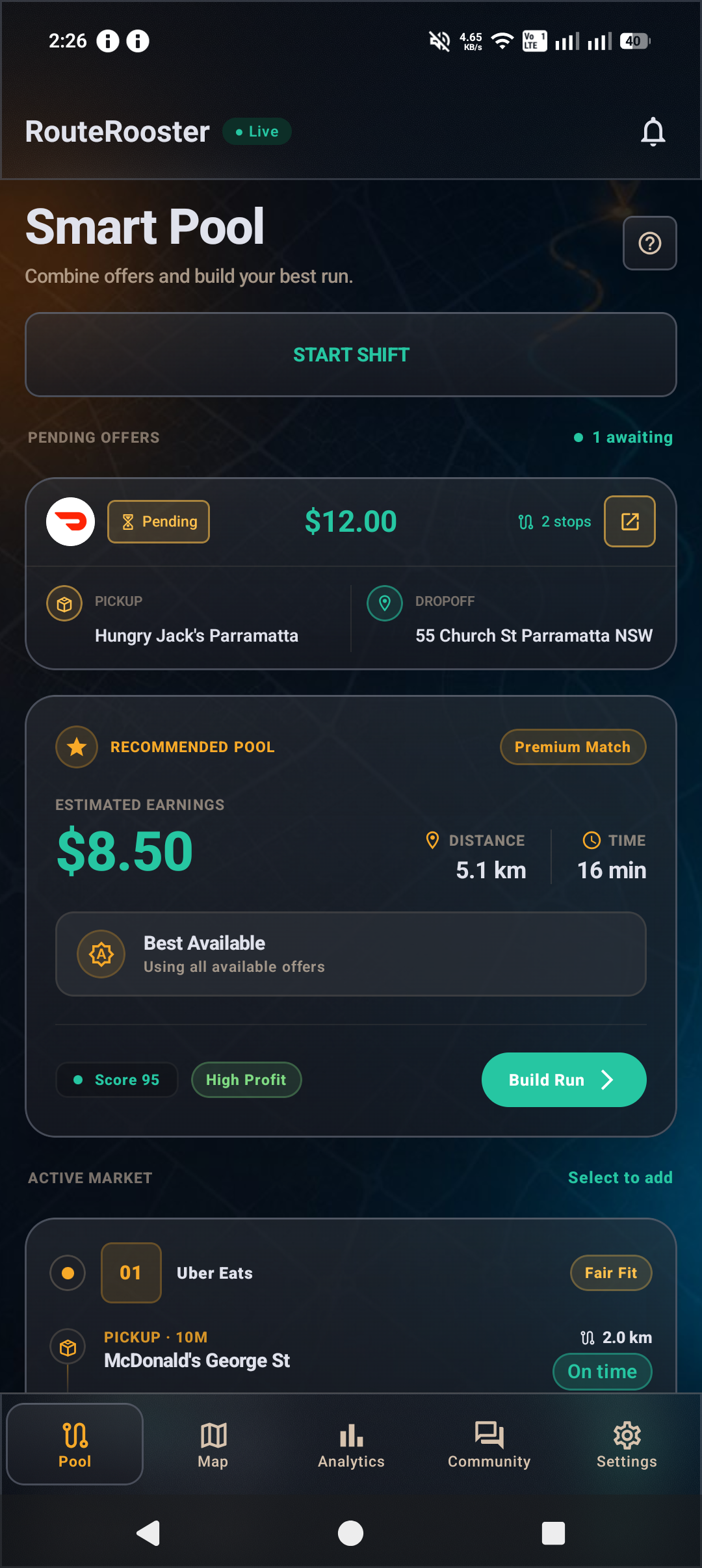 RouteRooster Smart Pool screen in dark theme