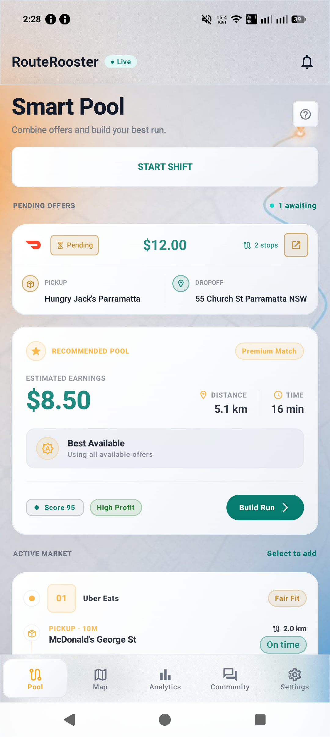 RouteRooster Smart Pool screen in light theme