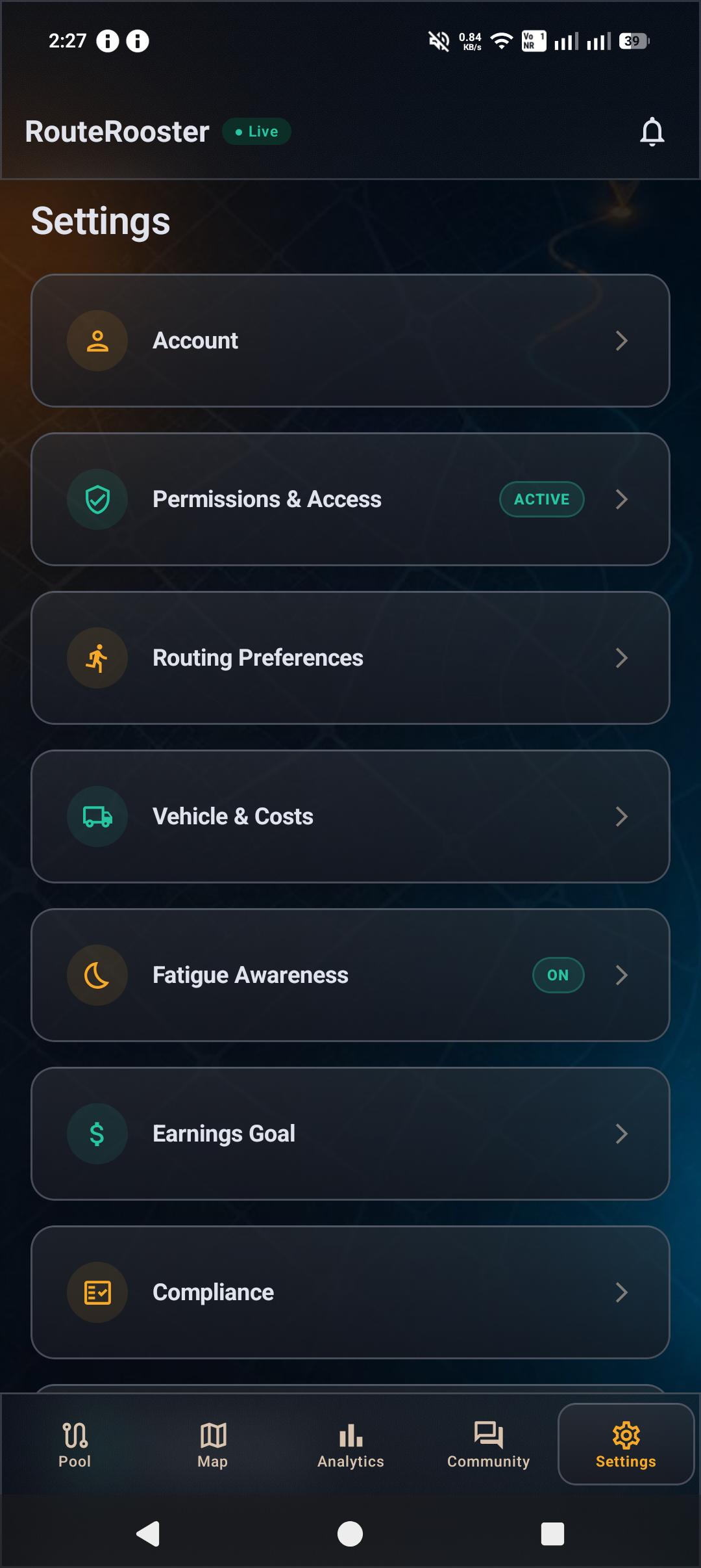 RouteRooster Settings screen in dark theme