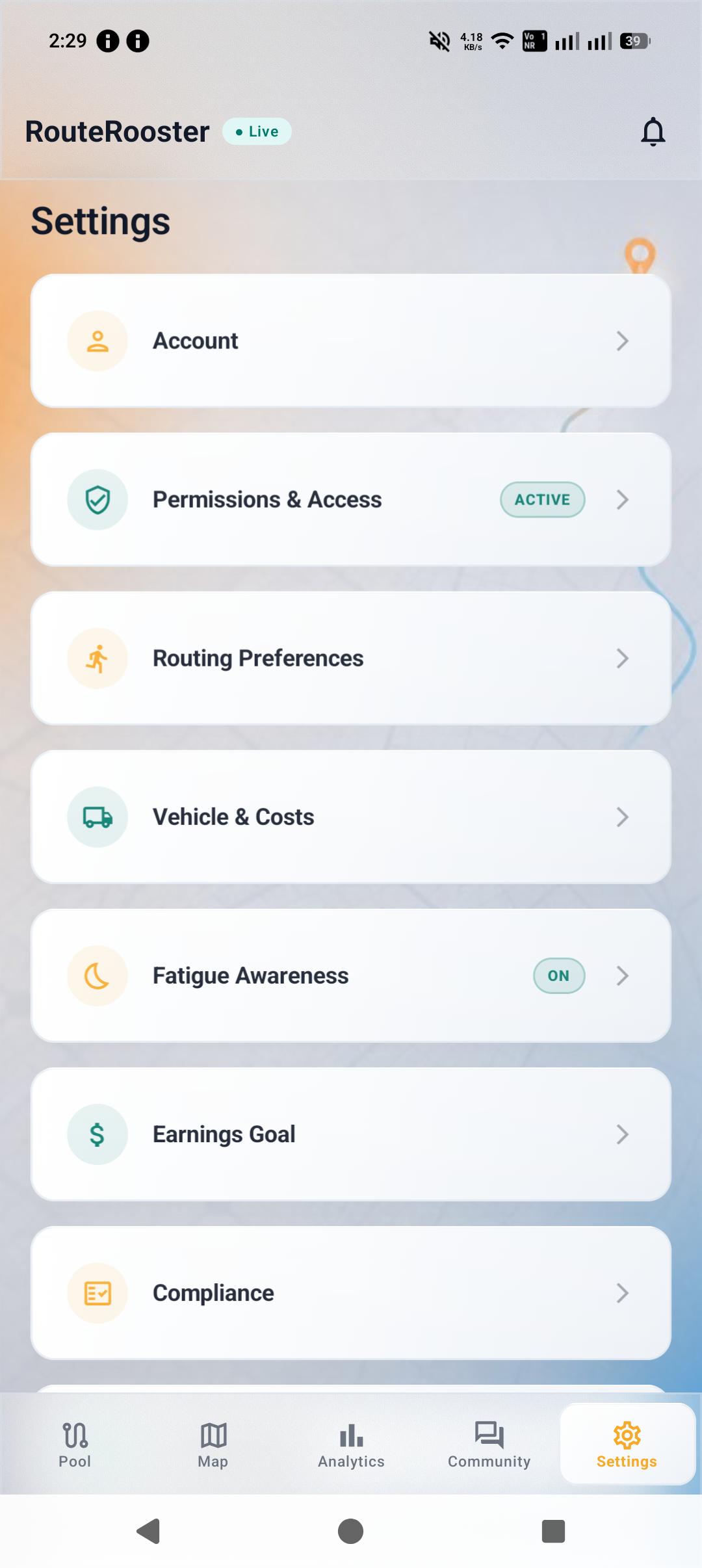 RouteRooster Settings screen in light theme